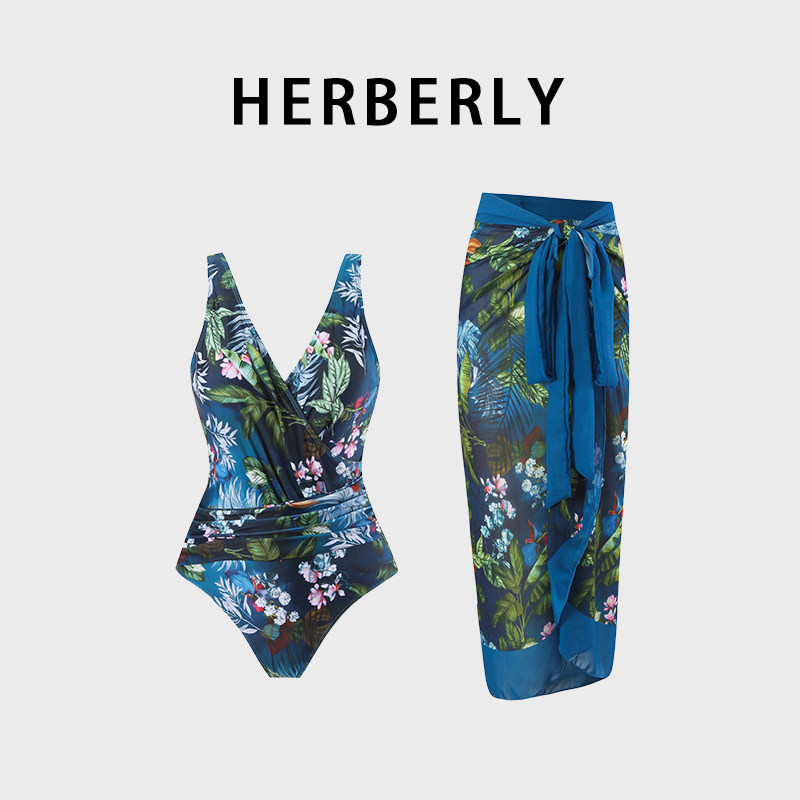 HERBERRY泳装法式复古V领显瘦性感露背裙式连体泳衣海边温泉度假