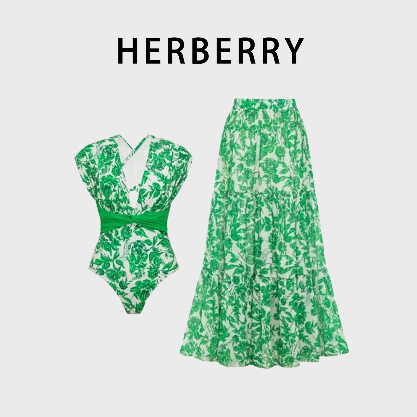 HERBERRY泳装欧美大码深V时尚印花比基尼泡温泉度假裙式连体泳衣