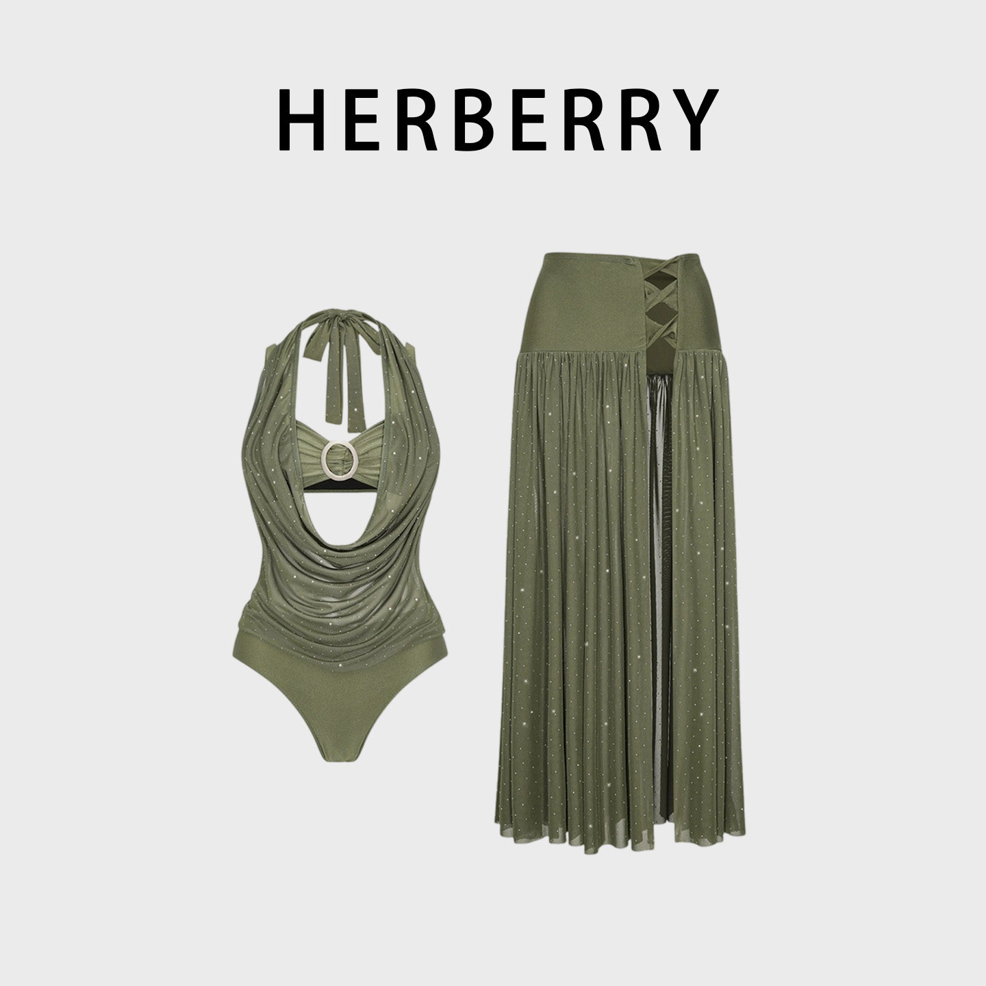 HERBERRY泳装欧美风高级显瘦性感比基尼泡温泉度假分体游泳衣裹裙