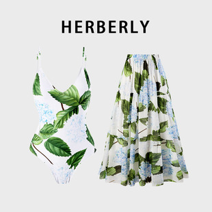 HERBERRY泳装女夏日清新V领吊带比基尼海岛温泉度假连体泳衣长裙