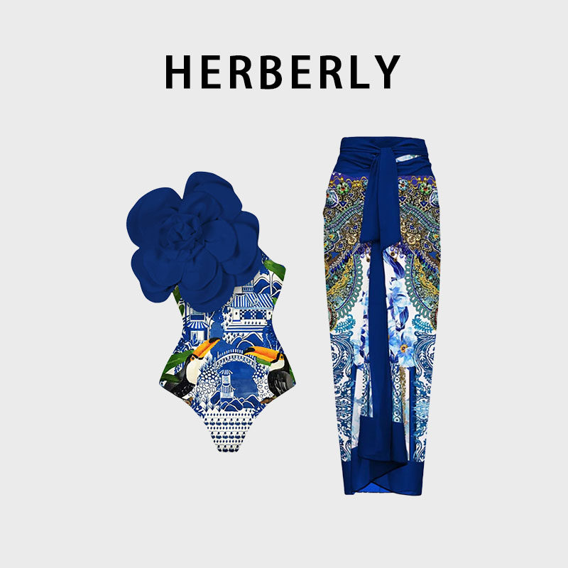 HERBERRY泳装女法式复古大花比基尼收腰显瘦性感度假裙式连体泳衣