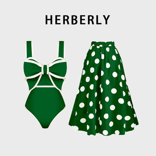 HERBERRY泳装纯欲风bikini蝴蝶结甜美性感泡温泉度假连体泳衣长裙