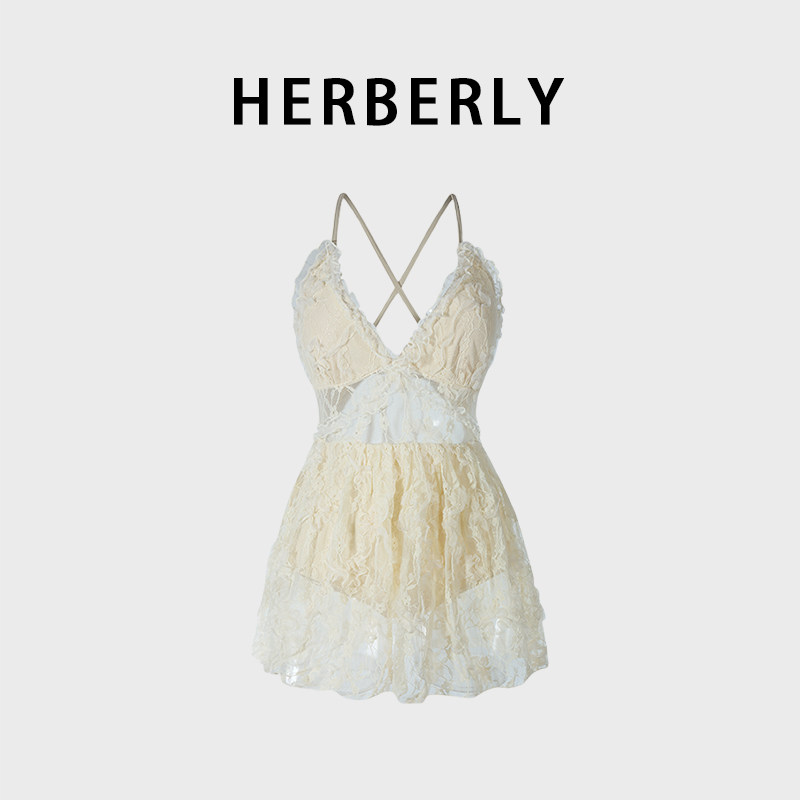 HERBERRY泳装女甜美V领显瘦性感ins风网纱海边温泉度假连体泳衣