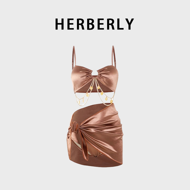 HERBERRY泳装女辣妹性感显瘦聚拢比基尼泡温泉度假裙式分体游泳衣