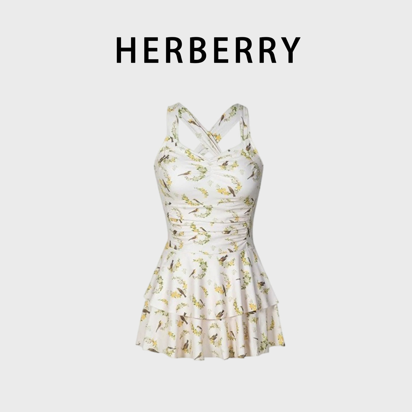 HERBERRY泳装少女高级保守显瘦性感碎花裙式泡温泉度假连体游泳衣