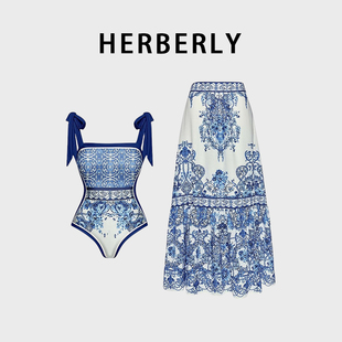 HERBERRY泳装女法式复古印花青花瓷绑带泡温泉度假裙式连体泳衣