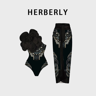 HERBERRY泳装女复古印花比基尼三亚海边沙滩温泉度假裙式连体泳衣