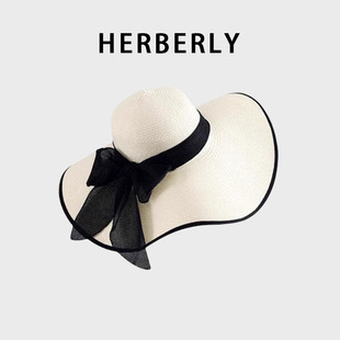 HERBERRY夏季防晒超大帽檐遮阳帽甜美沙滩海边度假草帽可折叠帽子