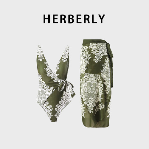 HERBERRY泳装聚拢遮肚性感高腰印花bikini裙式分体泳衣泡温泉度假