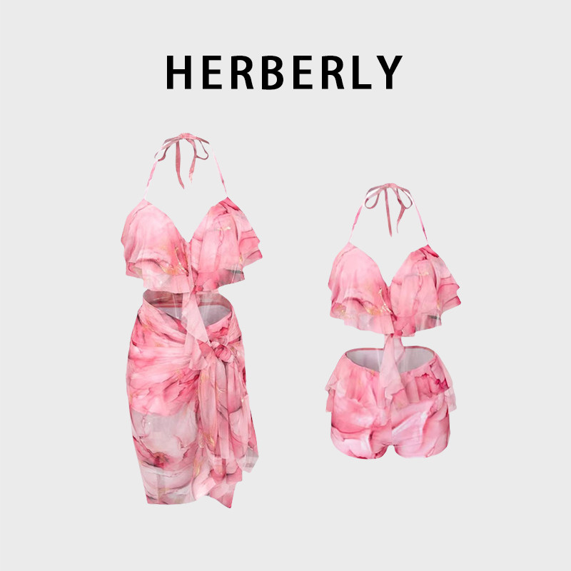 HERBERRY泳装女情侣钢托聚拢比基尼套装海边印花度假裙式分体泳衣