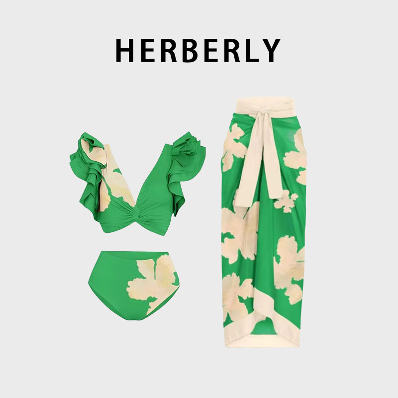HERBERRY泳装女小众性感遮肉显瘦印花连体泳衣温泉度假沙滩比基尼