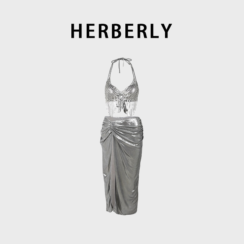 HERBERRY泳装原创女钢托聚拢水钻比基尼海边温泉度假裙式分体泳衣