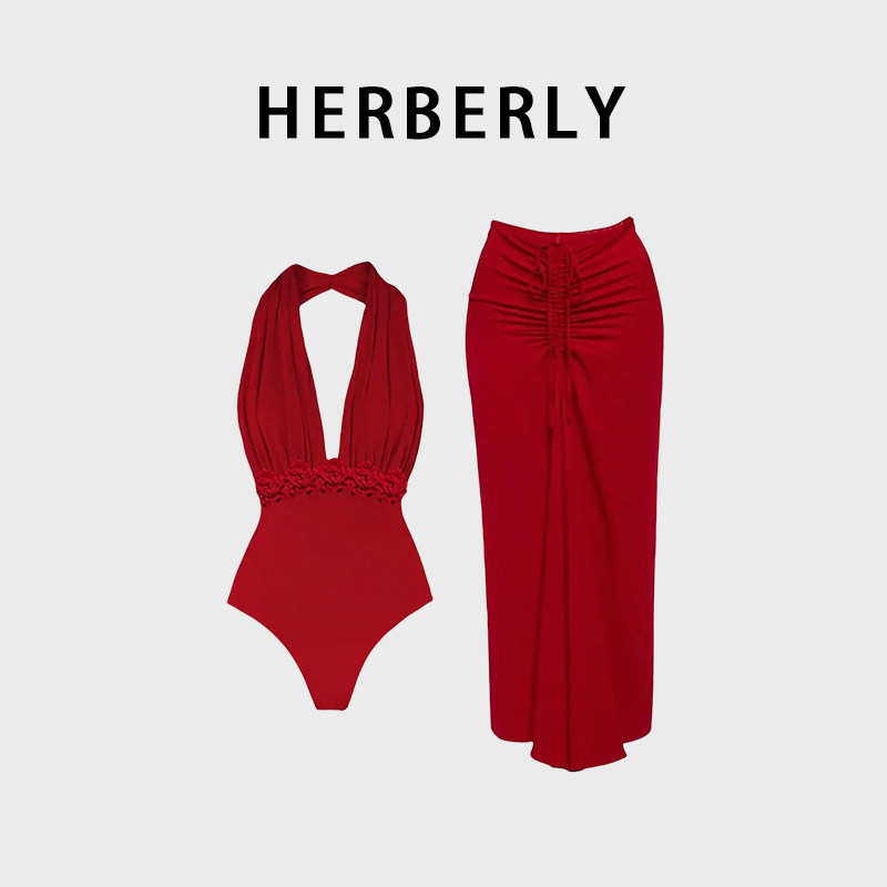 HERBERRY泳装女深V挂脖纯色火辣性感泡温泉裙式度假连体泳衣套装