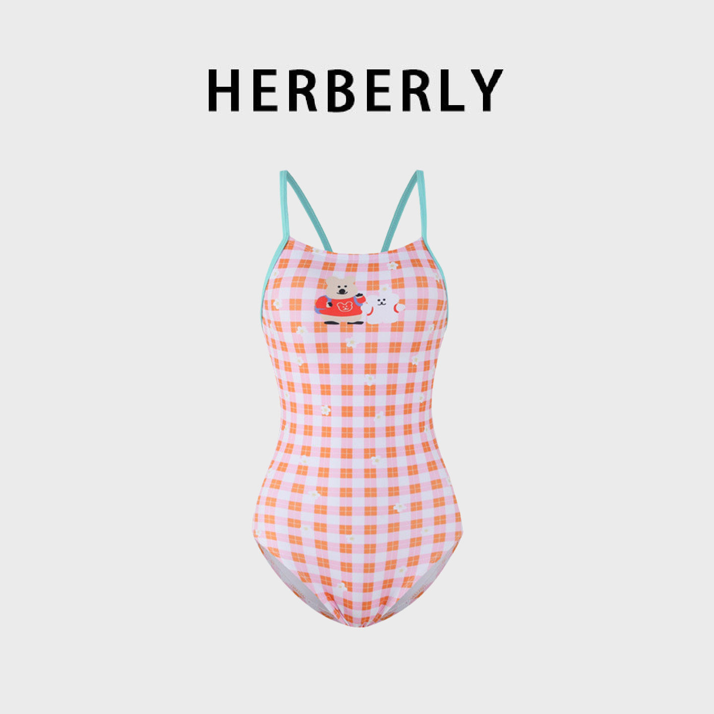 HERBERRY泳装少女卡通经典格子保守显瘦泡温泉度假竞速连体游泳衣