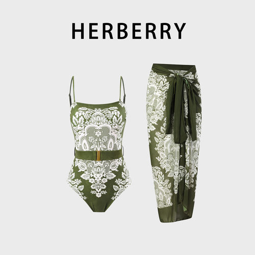 HERBERRY泳装高级遮肚性感高腰印花bikini裙式分体泳衣泡温泉度假