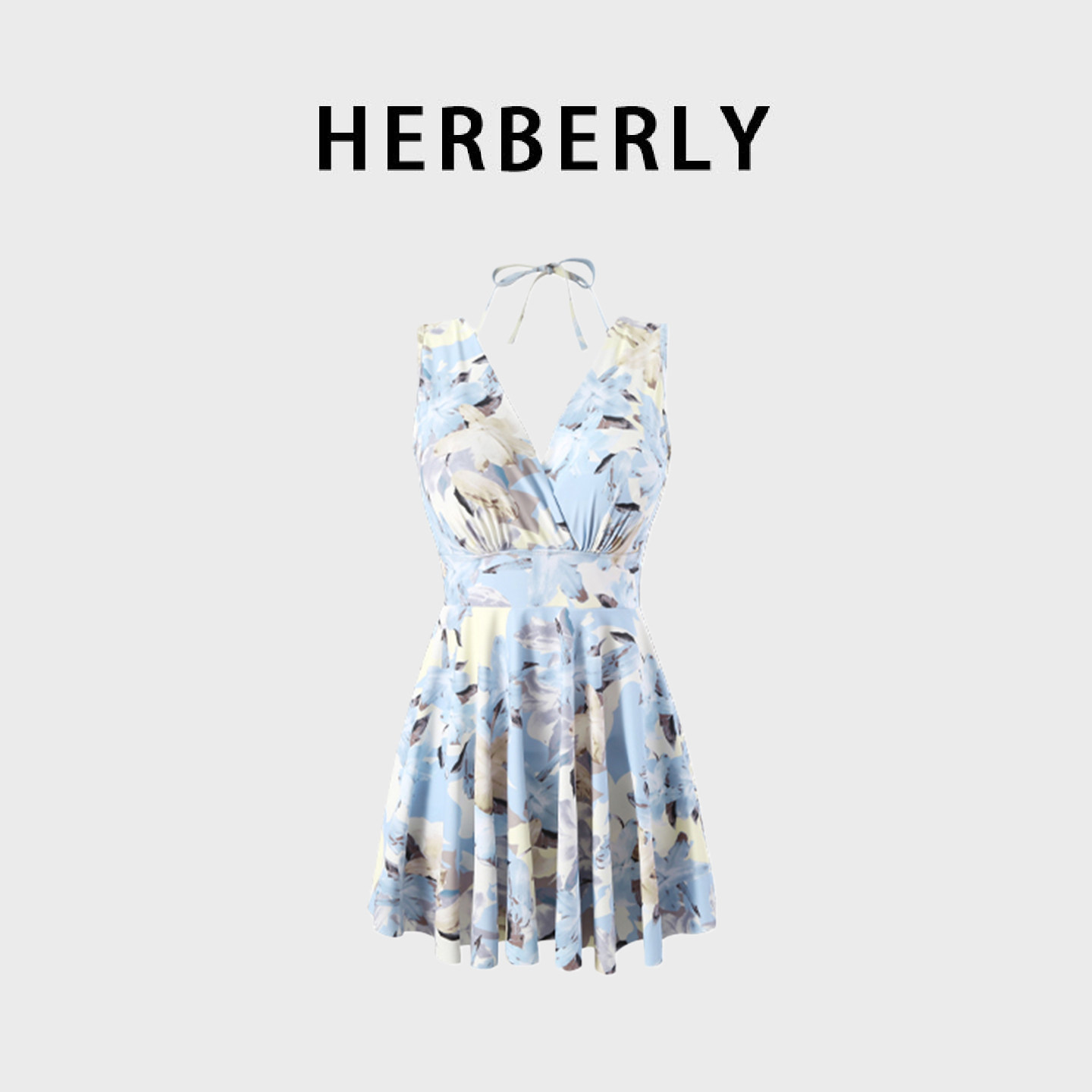 HERBERRY泳装高级保守V领显瘦钢托聚拢碎花温泉度假裙式连体泳衣