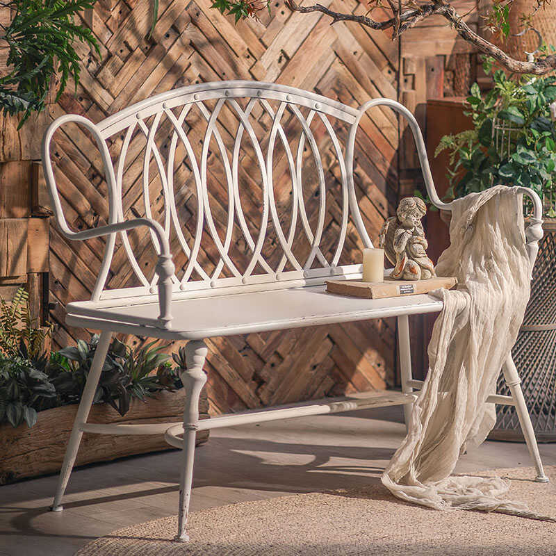 法式铁艺复古长椅白色餐椅阳台民宿装饰做旧户外花园椅扶手双人椅