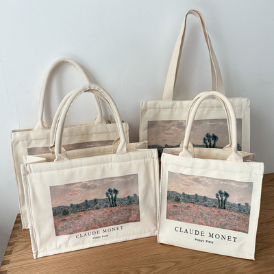 莫奈油画罂粟田学生帆布包大容量装书购物袋手提外出单肩托特包包