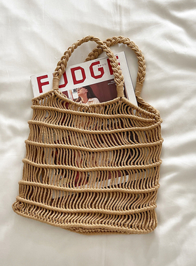 韩国代工chic手提度假棉绳编织女包慵懒夏日镂空沙滩包百搭环保