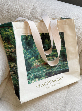 莫奈油画日本古桥环保艺术帆布包男女学生书包大容量单肩通勤布袋