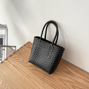 chic迷你黑色小拎包草编手提包编织包单肩包沙滩包度假包手提包