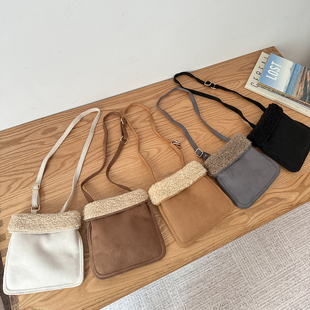 胖老与瘦竹秋冬新款单肩斜跨羊羔毛绒绒包包女士高级感毛茸茸小包