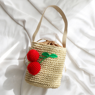 韩国Cool 樱桃编织挎包单肩包沙滩包度假草编包 girl草编水桶包