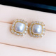 Square Vintage Earrings French Zircon Pearl Luxury Studs