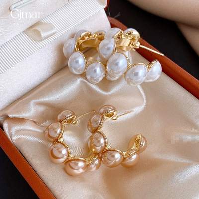 18k真金电镀欧美几何C形珍珠耳环