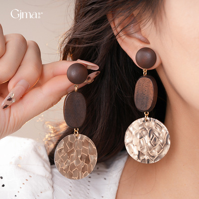 红楼银针耳钉女木头圆形亚克力