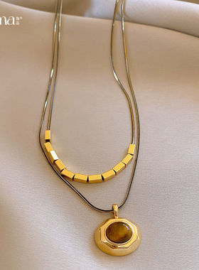 18k真金电镀咖色椭圆形项链轻奢