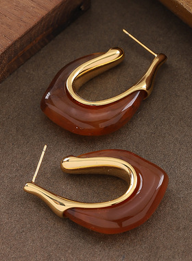 Amber U-Hoops, Marbled Resin Bold Luxury Earrings