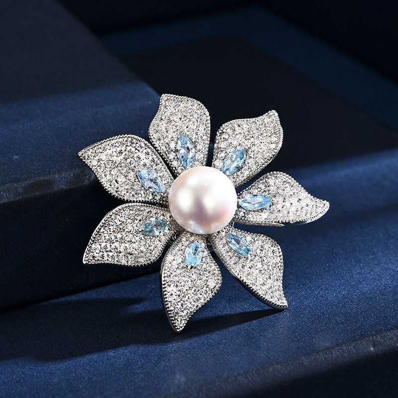 Ice Blue Pearl Brooch, Magnetic Anti-Gap Korean Lapel Pin