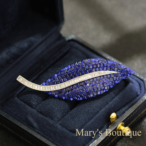优雅感蓝色绿色方形水晶叶子别针
