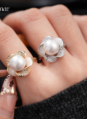 欧美跨境锆石花朵开口珍珠戒指