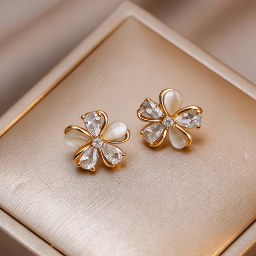 锆石猫眼石花朵耳钉精致甜美