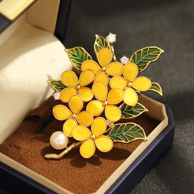 国风金色绒花桂花珐琅釉花束胸针
