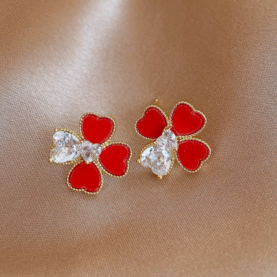 锆石红色爱心花朵耳钉优雅耳环