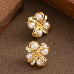 18K Gold Pearl Earrings, Woven Elegant Studs