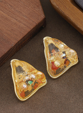 Marbled Triangle Studs, Resin Geometric Minimalist Earrings