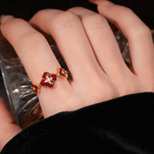 Chic Enamel Gold 18K Open Red Flower Vintage Crystal Ring