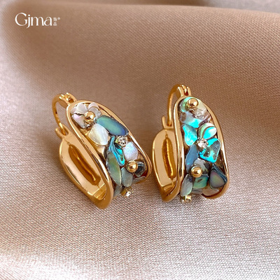 复古中古风宽面锆石贝母U形耳环