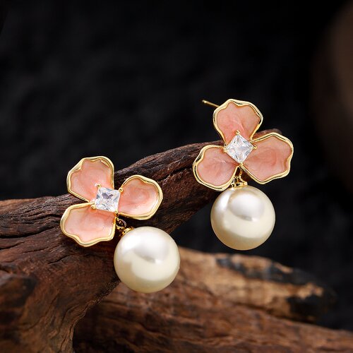小清新滴油镶锆石花朵珍珠耳环