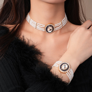 Oval Pearl Jewelry Set, Multi-Layer Diamond Vintage Necklace