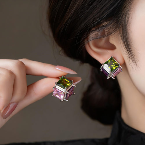 欧美跨境锆石菱形方形耳钉