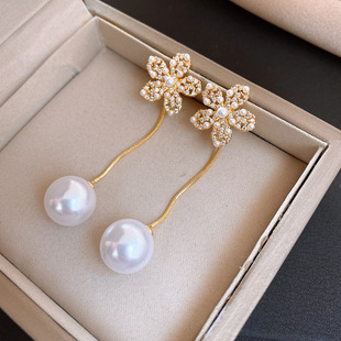 18K Gold Floral Earrings, Zircon Pearl Vintage Luxury Drops