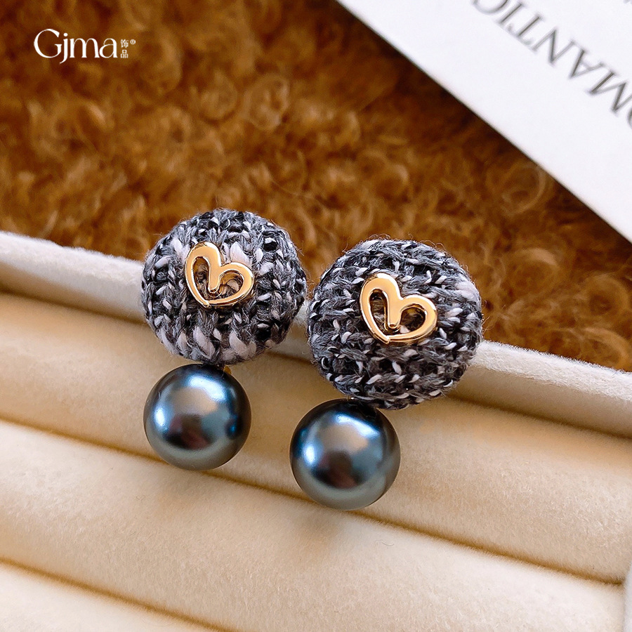 银针复古圆形编织爱心珍珠耳环