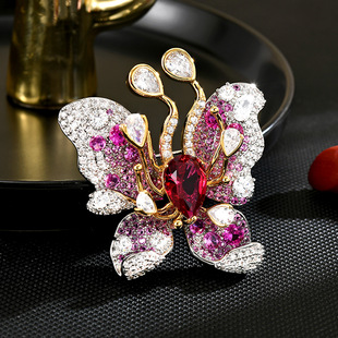 Red Zircon Butterfly Brooch, Heavy Couture Elegant Lapel Pin