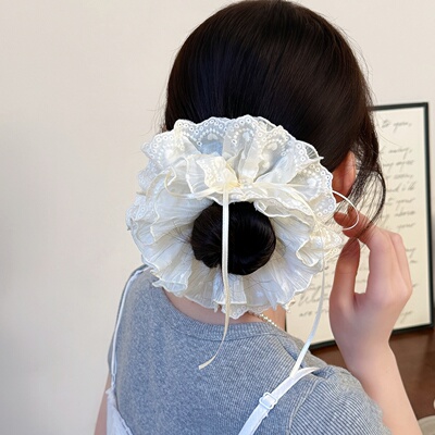 网纱蕾丝大肠发圈女荷叶边飘带