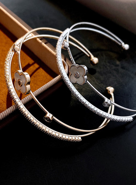 18k金电镀锆石贝母花朵开口手镯